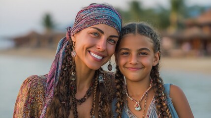 Portrait of a smiling woman with a younger girl, both by a beach, looking at the camera