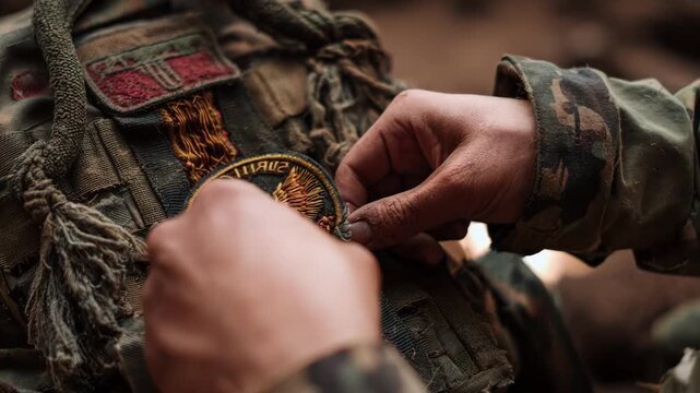 Craftsperson carefully applying a unique embroidered badge onto a backpack emphasizing texture and fine needlework