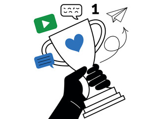 Hand Holding Trophy with Heart and Social Media Symbols
