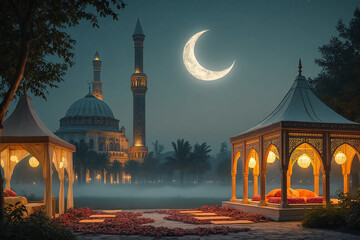 Islamic festive night. Eid al-Fitr. Night landscape with tents and a mosque in the background under a crescent moon light.