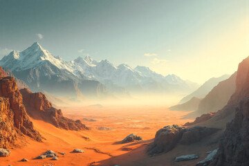 Scape reminiscent of a Martian desert with a snow-capped mountain range in the background