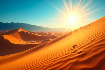Desert sandy landscape with the sun shining brightly