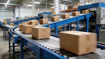 Automated conveyor system transporting cardboard boxes in a modern warehouse. Designed for efficient logistics, packaging, and distribution of goods in a manufacturing or supply chain setting. - Powered by Adobe