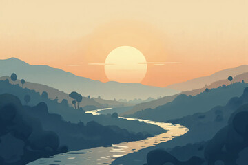 Digital drawing of a mountain landscape at sunset