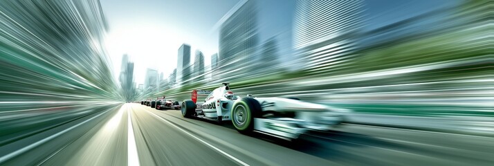 Formula racing cars speeding through futuristic city. Racing cars generating speed blur through a modern urban cityscape, showing dynamic action