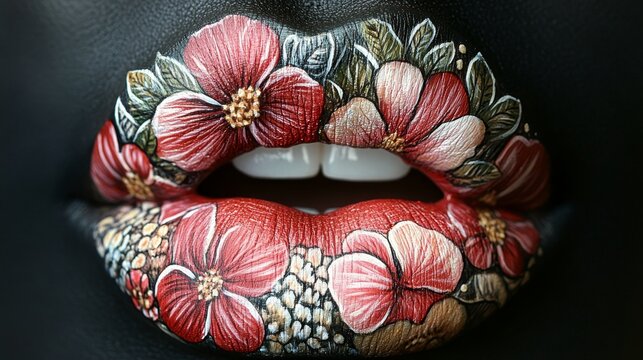 Here&acirc;&euro;&trade;s a detailed prompt for creating a bold and artistic close-up of a pair of painted lips with intricate floral designs --ar 16:9 --v 6.1 Job ID: 0e96930b-fc59-4ded-bfb4-0b9f6a097c04