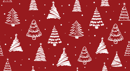Festive Hand-Drawn Christmas Trees on Red Background	
