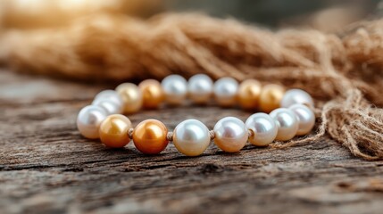 A stunning pearl bracelet elegantly displayed on a rustic wooden surface, showcasing the beauty and intricacy of nature's craftsmanship in jewelry design.