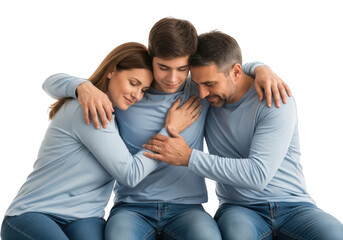Family hugging together in comfort isolated on transparent background