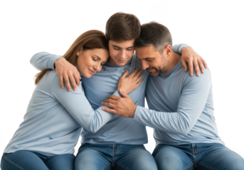 Family hugging together in comfort isolated on transparent background