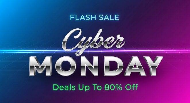 Illustration of a flash sale with silver lettering against a purple-blue gradient and grid background, representing promotional retail event, Cyber Monday