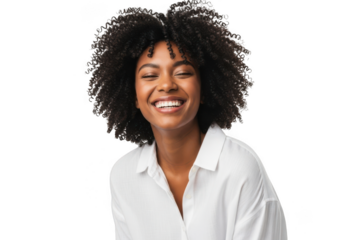 Smiling black woman with curly hair isolated on transparent background