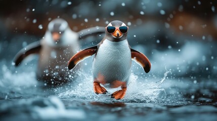 A charming penguin playfully splashing in water while wearing sunglasses, embodying joy and playfulness, capturing the fun spirit of summer and nature's humor.