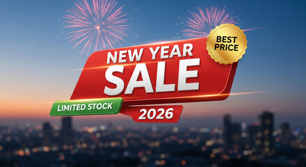 Red banner with New Year Sale, gold sign Best Price, green tag Limited Stock, fireworks and city at sunset, concept promotion of sale for 2026