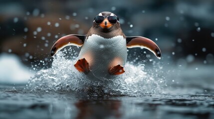A cheerful penguin wearing sunglasses leaps joyfully through splashing water, embodying a fun summer vibe, making this a delightful image capturing the whimsy of nature's playful moments.