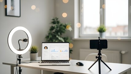 Home office setup for video blogging or online streaming featuring a laptop, ring light, and smartphone on a tripod for content creation