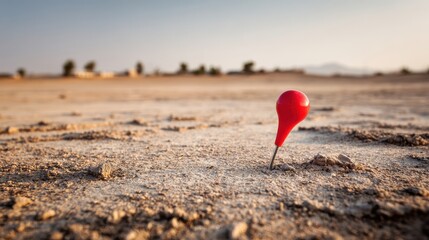 Fototapeta premium Bright Red Map Pin Sticking Out of Dry Desert Ground Against a Scenic Blurred Background Under Clear Sky at Golden Hour Lighting