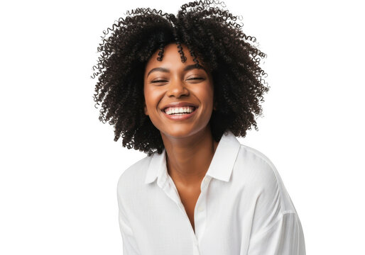 Smiling black woman with curly hair isolated on transparent background - Powered by Adobe