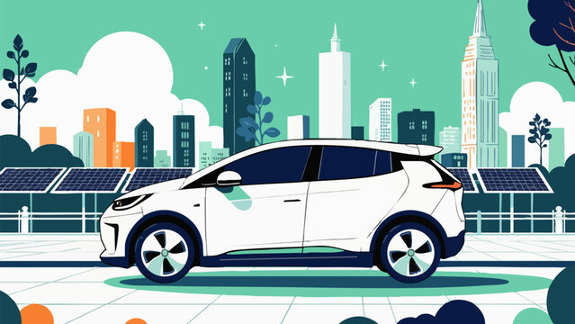 Futuristic Electric Car in Motion against Solar City Skyline - Vector Illustration
