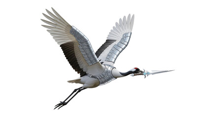 Fototapeta premium White and silver robotic crane with sword flying, cutout, PNG isolated on white or transparent background