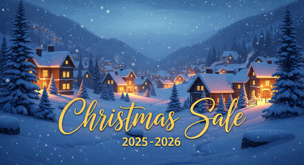 Scenic image of snowy village with illuminated houses during snowfall, evoking winter holiday spirit and celebratory atmosphere with potential promotion