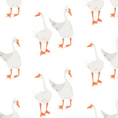 Seamless vector pattern with funny goose characters on white background. Cute cartoon geese in playful poses. Perfect for wrapping paper, textile, fabric, stationery, kids products, and surface design