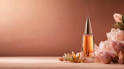 This image features an elegantly designed perfume bottle surrounded by soft pastel flowers, highlighting beauty, luxury, and the art of fragrance in a calm and graceful setting.