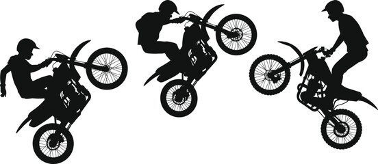 Motocross Riders Performing Stunts Silhouettes on White Background Keywords: motocross, motorcycle, rider, stunt, jump, wheelie © Aman9