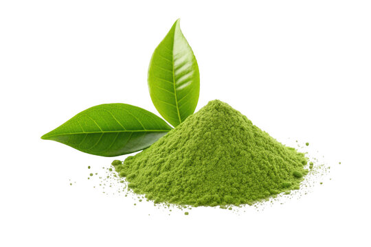 Green tea powder and leaves isolated on transparent background