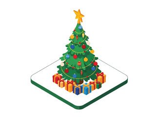 Isometric vector 3D view of a decorated Christmas tree with ornaments, lights, star topper, and gift boxes, classic holiday symbol and festive decoration