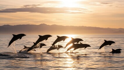 Dolphins jumping in unison during serene sunset over calm waters