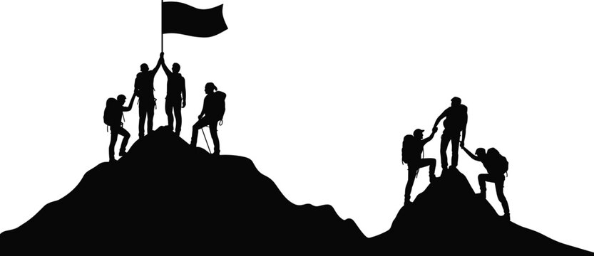Silhouettes of climbers reaching mountain peak with flag on white background climbing summit