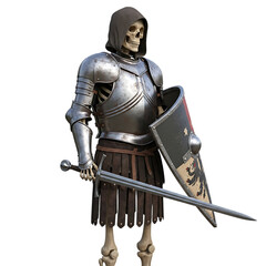 Fototapeta premium Skeleton wearing silver armor and holding sword and shield, cutout, PNG isolated on white or transparent background