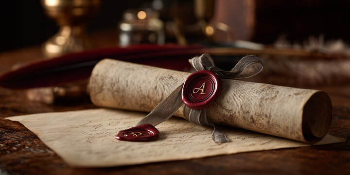 Antique scroll and wax seal on wooden table with feather quill  