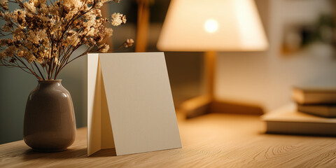 Blank greeting card on wooden table beside vase and lamp  