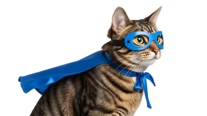 Tabby cat wearing blue superhero costume and goggles, cutout, PNG isolated on white or transparent background