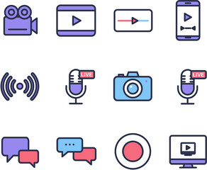 Video Streaming and Live Broadcast Icon Set – Media, Recording, and Communication