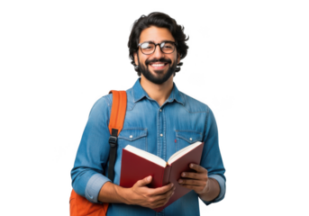 Smiling man with glasses holding an open book isolated on transparent background