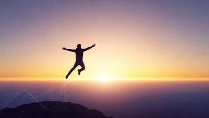 Fototapeta premium Silhouette of person jumping at sunset with glowing lines