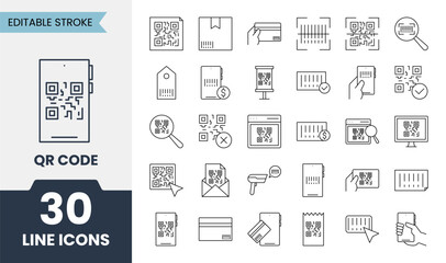 Qr code line icons set with editable stroke. Contains icons related for digital purchase money transfer and more. Vector illustration