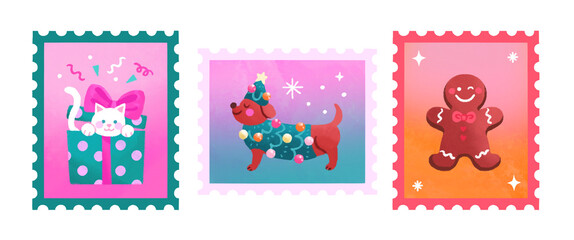 Cute Christmas postage stamp with festive cat puppy present gingerbread illustration