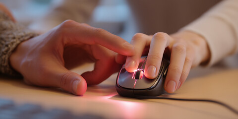Two hands using a computer mouse together on a workspace  
