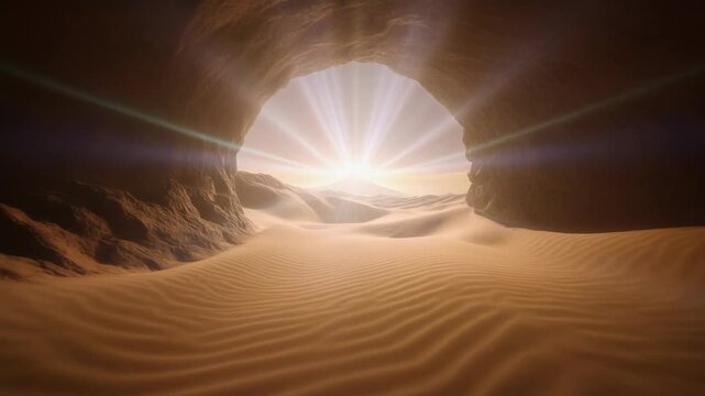A hopeful, golden sunburst illuminates the wavy sand dunes of an arid desert landscape, captured through a dark cave entrance with dramatic lens flare.