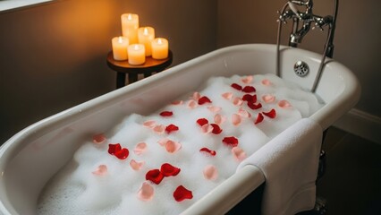 Romantic bathtub filled with white foam and red rose petals. Spa relaxation scene with lit candles in background. Luxury wellness concept