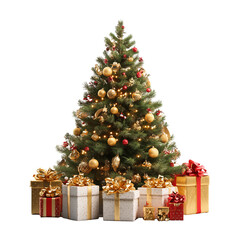 Christmas decorated tree with elegant gift boxes isolated on a transparent background