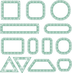 Mint green ornamental outline shapes and frames set. Decorative geometric borders with cute pattern details. Creative UI elements for playful design, web and graphic layouts.