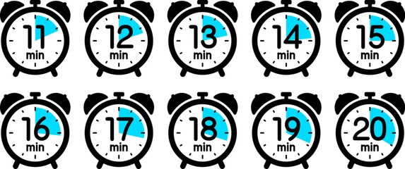 時間を示す時計のアイコン（alarm clock icon 11min/12min/13min/14min/15min/16min/17min/18min/19min/20min）

