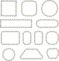 Colorful triangle pattern rounded outline shapes set. Playful geometric frames with festive confetti style. Creative UI elements for kids design, web and graphic layouts.