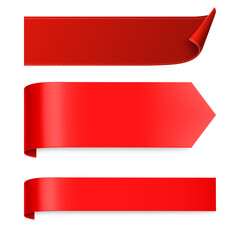 Red Glossy Ribbon Banners Set, Realistic Vector 3D Curled Corner Stickers, Blank Sale Labels and Arrow Tags for Promotion, Modern Web Design Elements