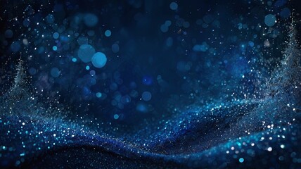 An abstract dark blue background with glowing particles and a soft bokeh effect creating a wavy pattern. A backdrop concept for banners, presentations, or luxury branding concepts.